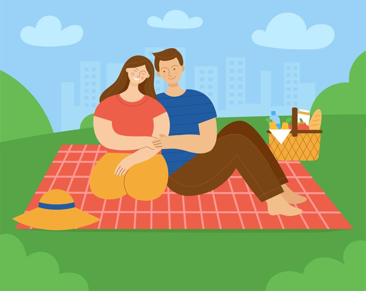 Liebespaar beim Picknick im Park. Mann und Frau sitzen auf Plaid und lächeln. Konzept der Entspannung an einem Wochenende im Frühling oder Sommer. ein familienpaar, ehemann und ehefrau.flache farbvektorillustration. vektor