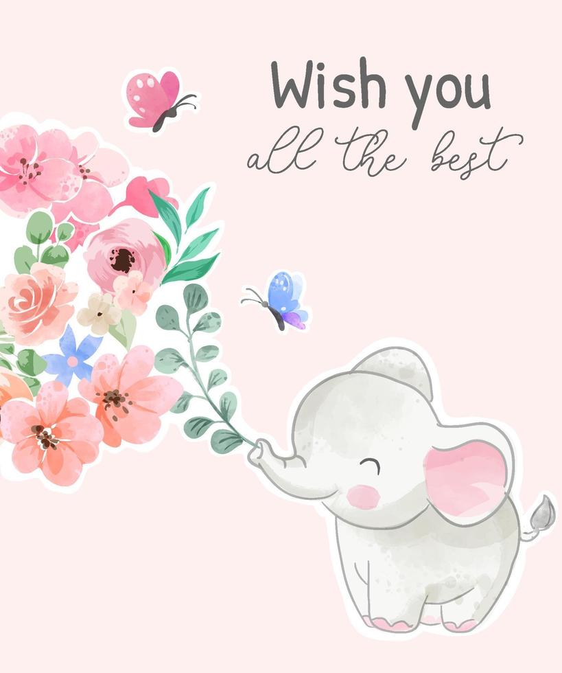 Ich wünsche Ihnen alles Gute für den Slogan mit Elefanten und bunten Blumen auf rosa Hintergrund vektor