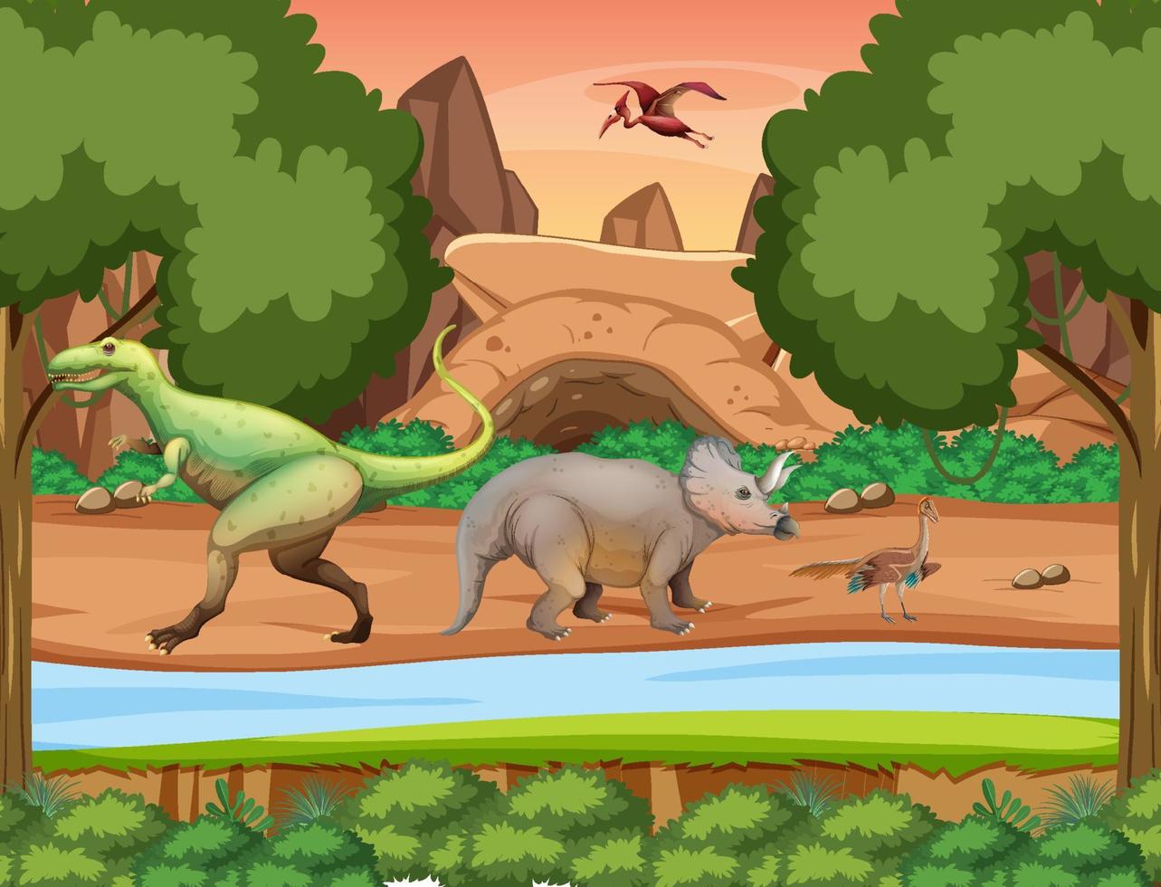 scen med dinosaurier i skogen vektor
