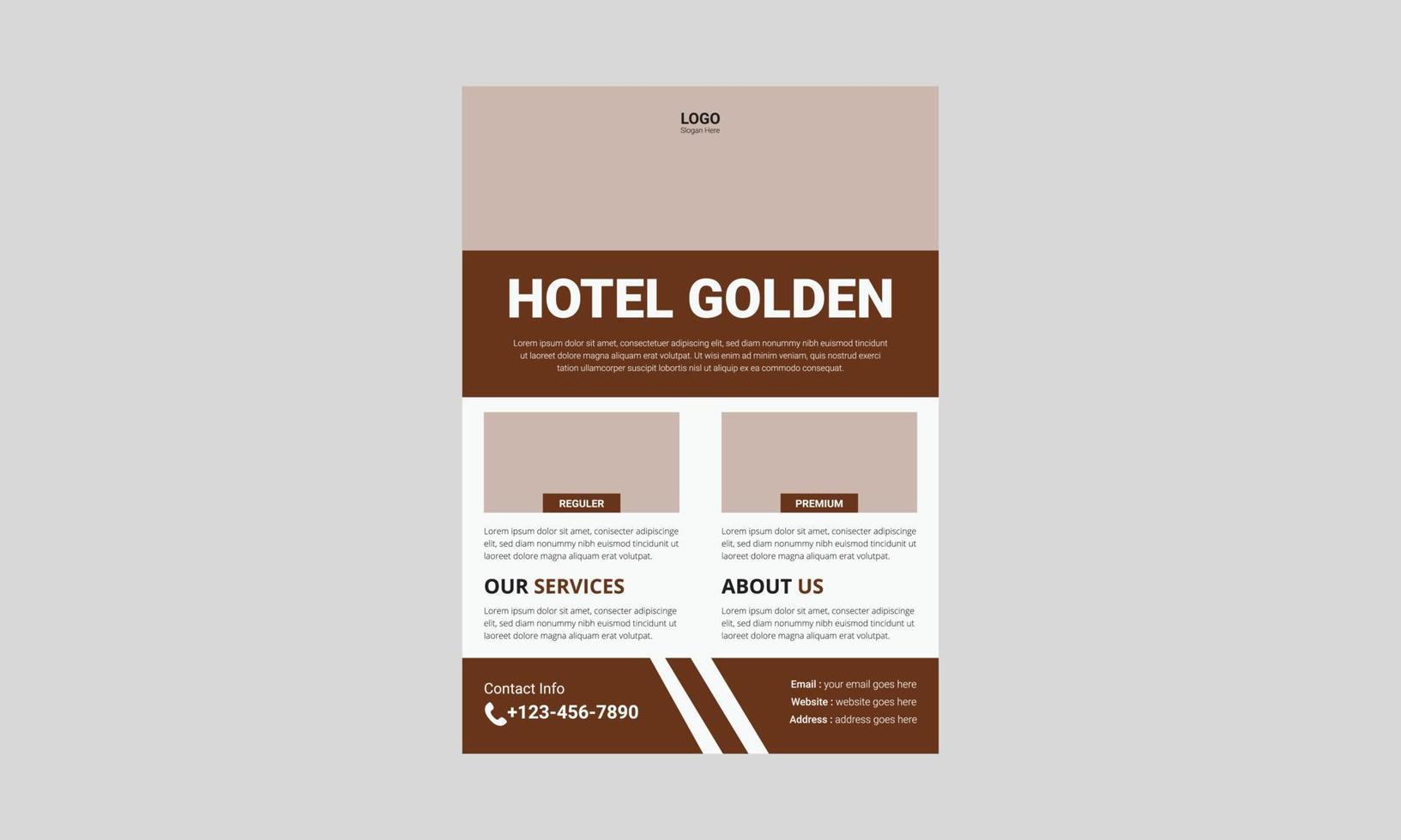 bestes Hotelservice-Flyer-Vorlagendesign. Goldenes Hotel-Flyer-Plakat-Design. Cover, Poster, A4-Format, Broschüre, Flyer, druckfertig vektor