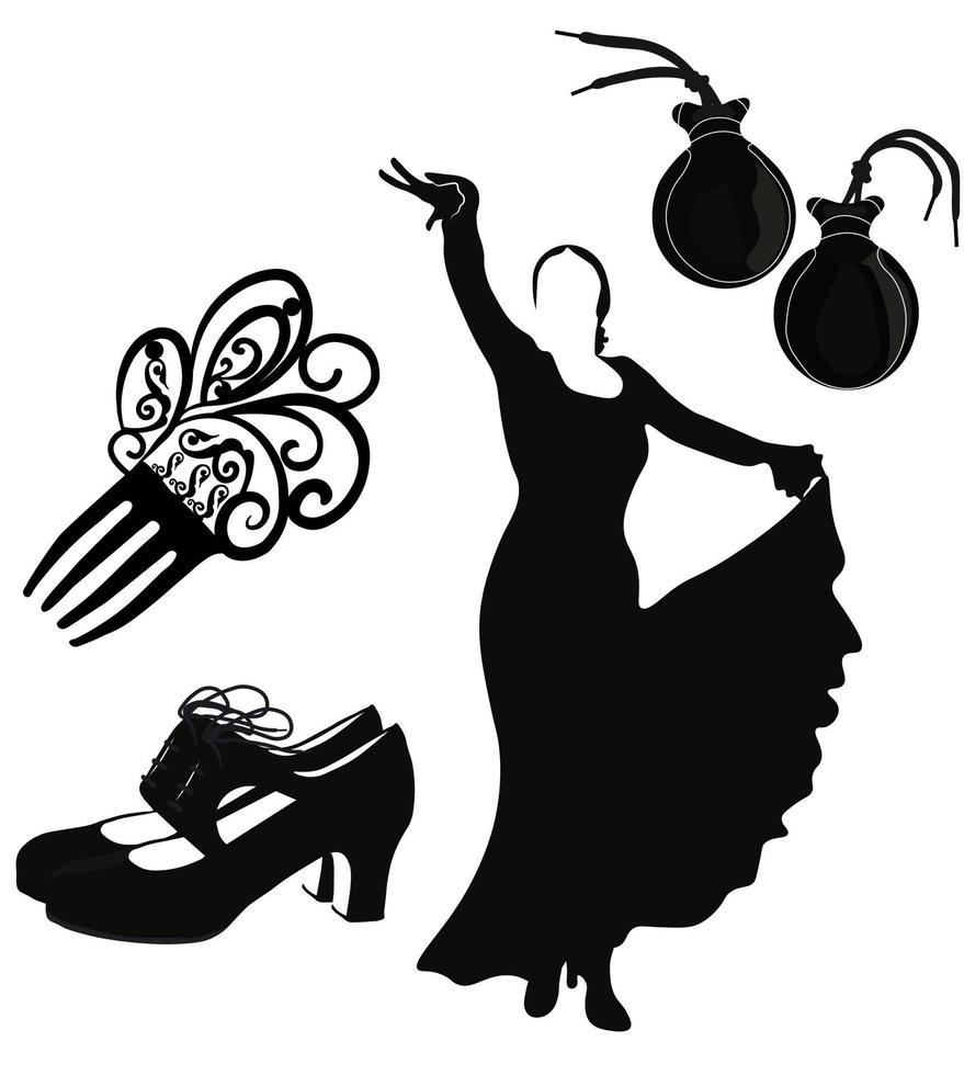 satz, von, flamenco, heiligenbilder, vektor, bestand, illustration. Kastagnetten, Schuhe. spanische traditionelle musik. isolierte schwarze Silhouetten auf weißem Hintergrund. vektor