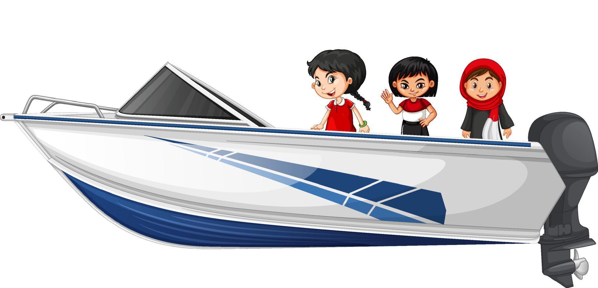 Junge und Mädchen stehen auf einem Schnellboot auf weißem Hintergrund vektor
