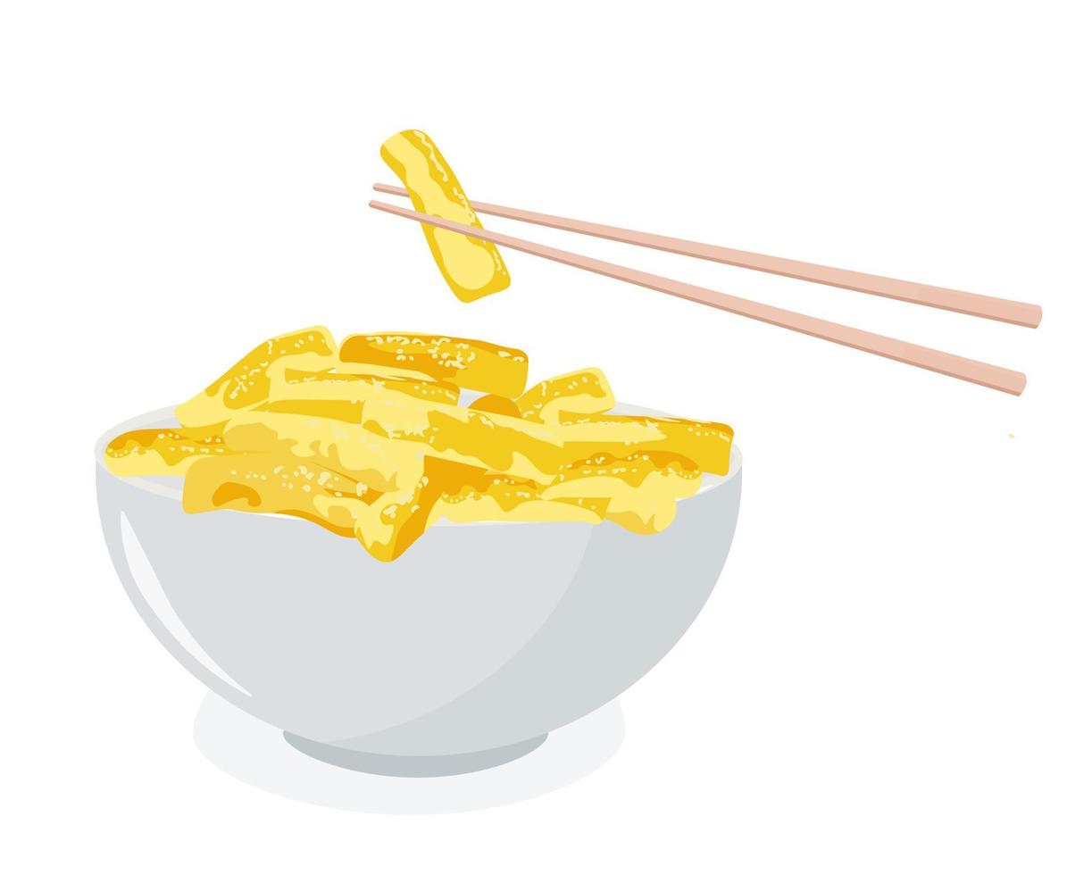 tteokbokki är på en skål vektor stock illustration. traditionell koreansk mat. ätpinnar. riskaka, röd paprikasås och vegetables.isolated på en vit bakgrund.