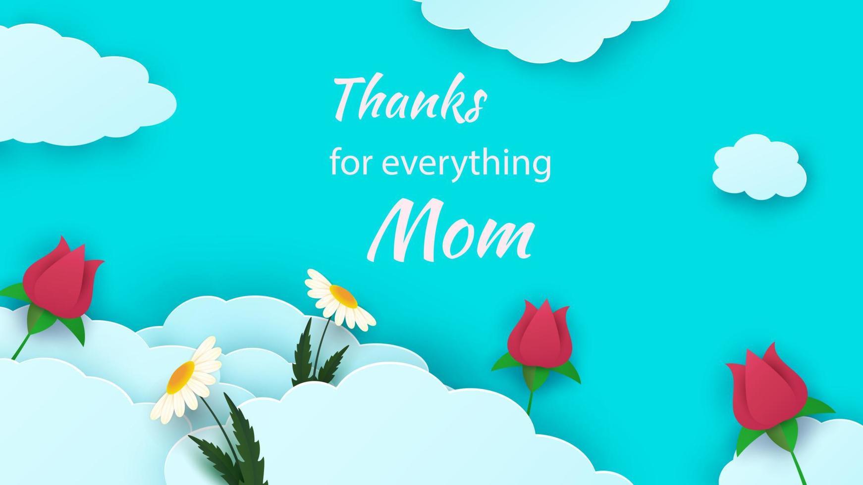 Happy Mother's Day Sale Header oder Gutscheinvorlage. Rosen, Gänseblümchen und aus Papier geschnittene Wolken. horizontales Banner mit blauem Himmel und Blumen. Glückwunschtext. Vektor-Illustration vektor