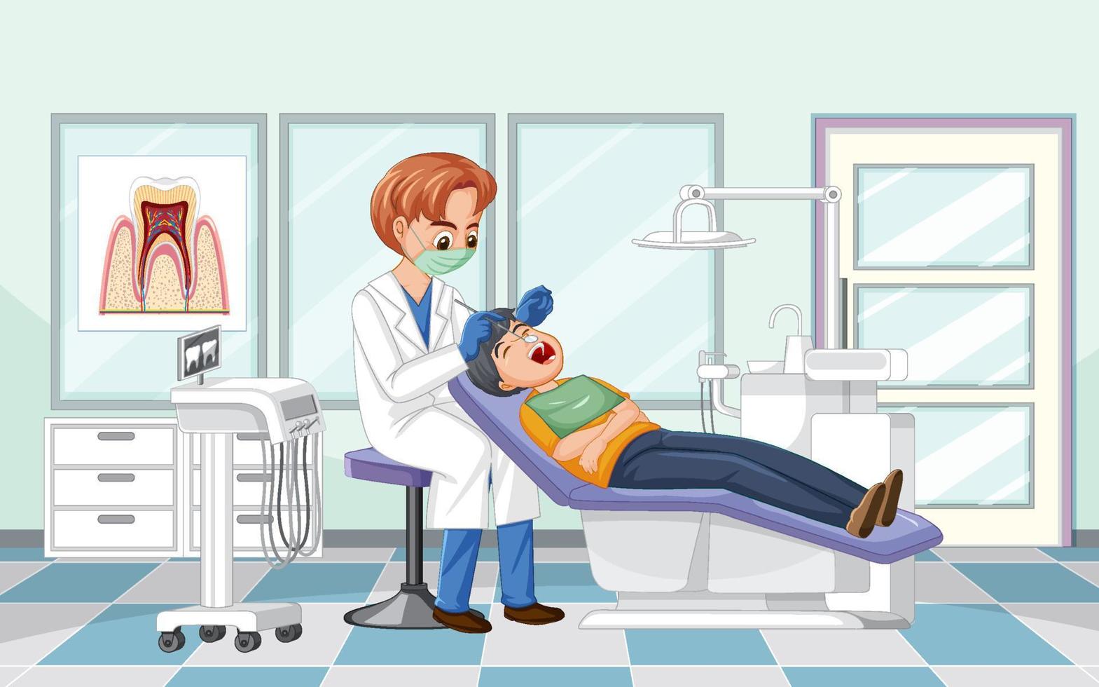 tandläkare man undersöker patientens tänder på kliniken vektor