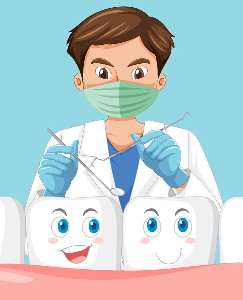 Zahnarzt, der Instrumente hält und Zähne auf blauem Hintergrund untersucht vektor