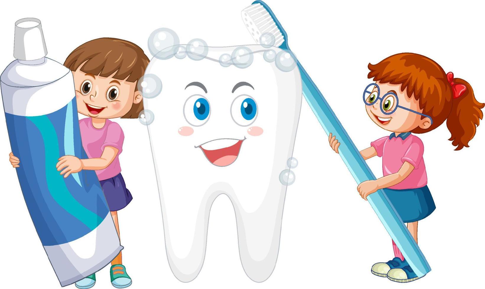glada barn borstar en stor tand och håller tandkräm på vit bakgrund vektor