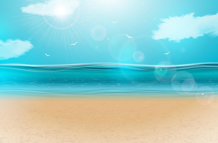 Vektor blå hav landskap bakgrundsdesign med molnig himmel. Sommar illustration med havsplats och sandstrand