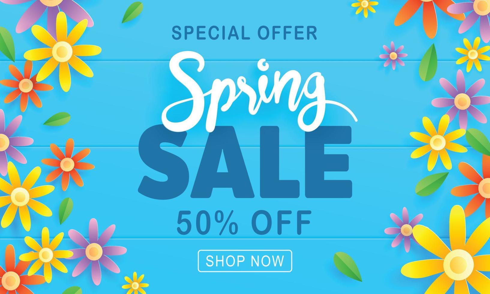 Frühlingsverkaufsbanner mit Papierblumen auf blauem Hintergrund. Vektor