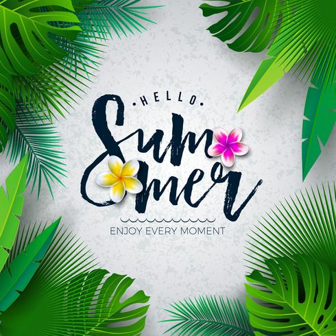 Vektor Hello Summer Illustration med typografi Brev och Tropiska Palm Leaves på vit bakgrund. Exotiska växter och blomma för Holiday Banner