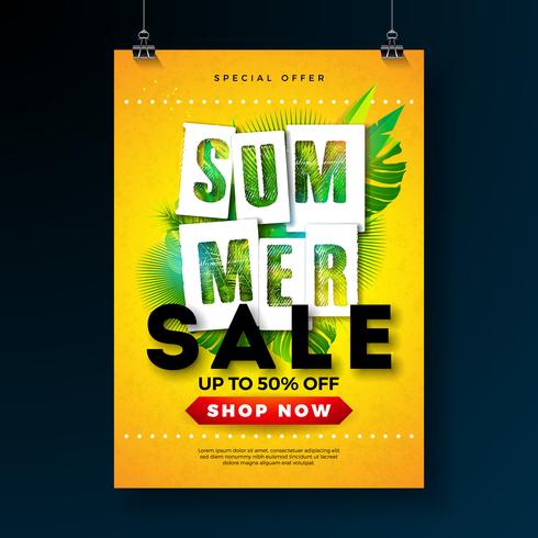 Sommarförsäljning affischdesign mall med tropiska palmblad och typografi brev på gul bakgrund. Vector Holiday Illustration för Special Offer