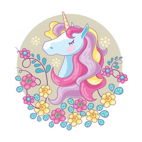 Vacker Magic Unicorn med blomma bakgrund vektor