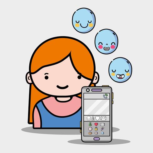flicka med emoji ikoner av whatsapp app vektor