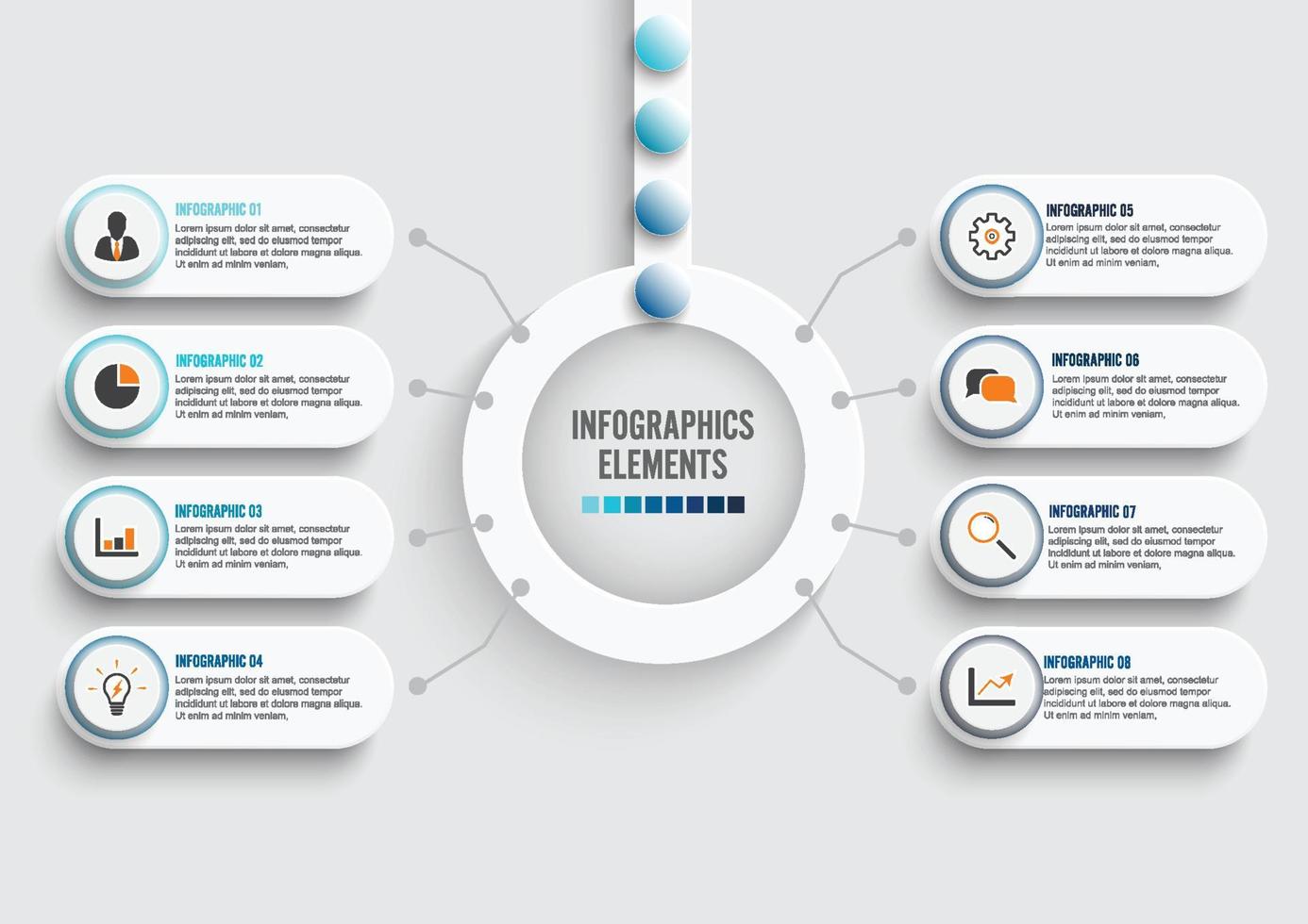 vektor infographic mall med 3d pappersetikett, integrerade cirklar. affärsidé med 8 alternativ. för innehåll, diagram, flödesschema, steg, delar, tidslinjeinfografik, arbetsflöde, diagram.