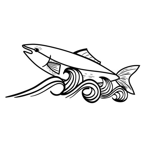 linje fisk djur i havet med våg design vektor