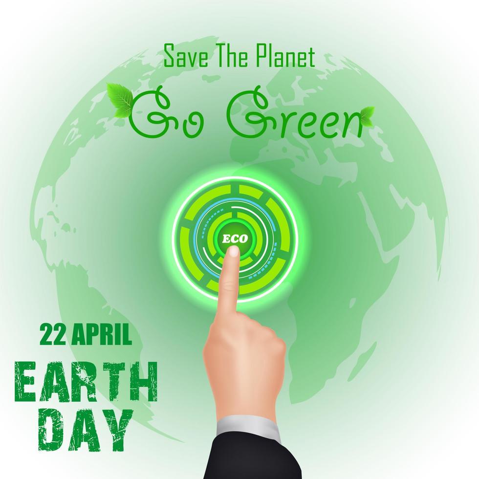 Finger drücken Sie die Eco-Taste auf dem Globus. Tag der Erde Konzept vektor