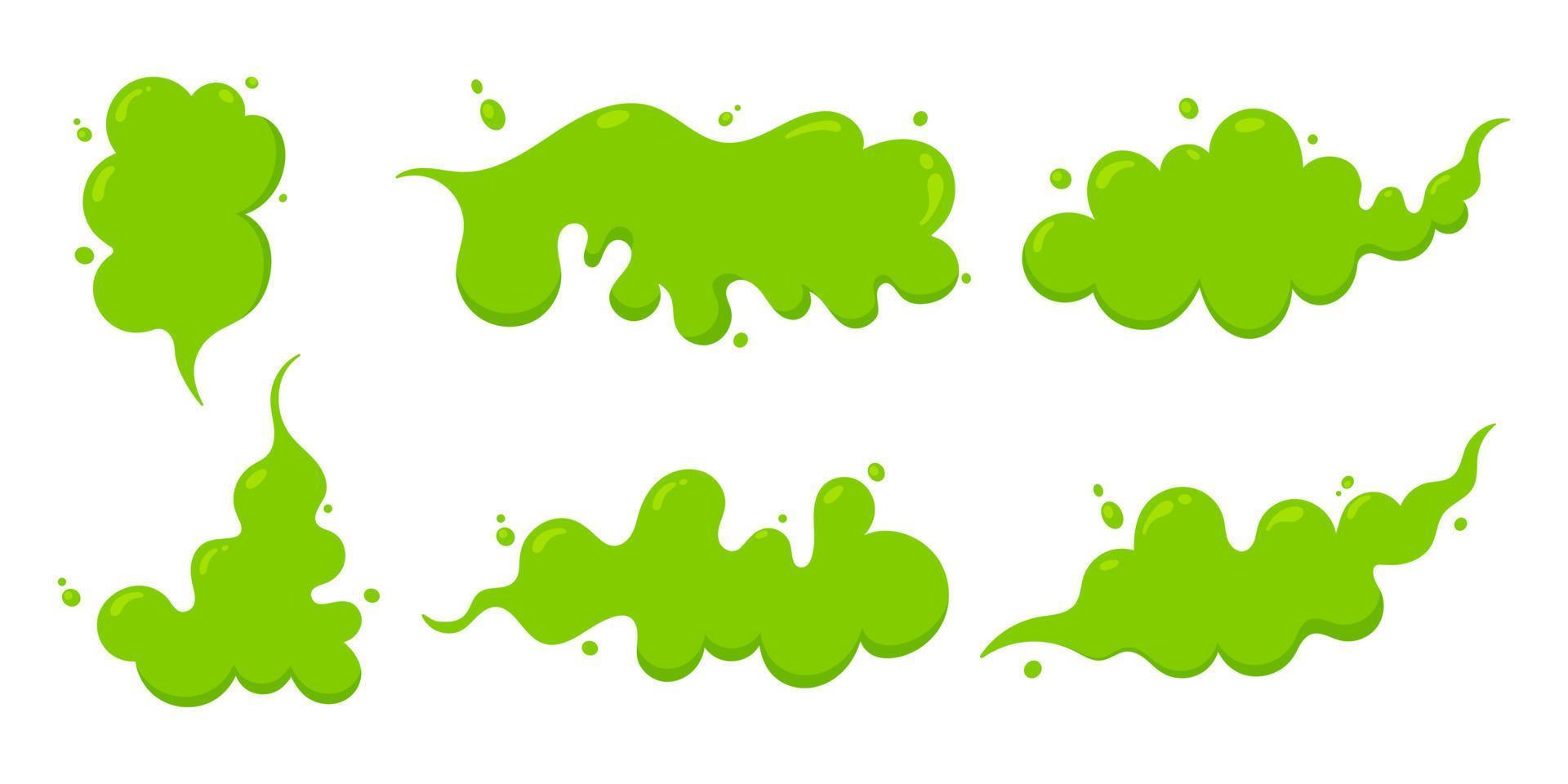 riechender grüner Cartoon Furz Cloud Flat Style Design Vector Illustration Set.