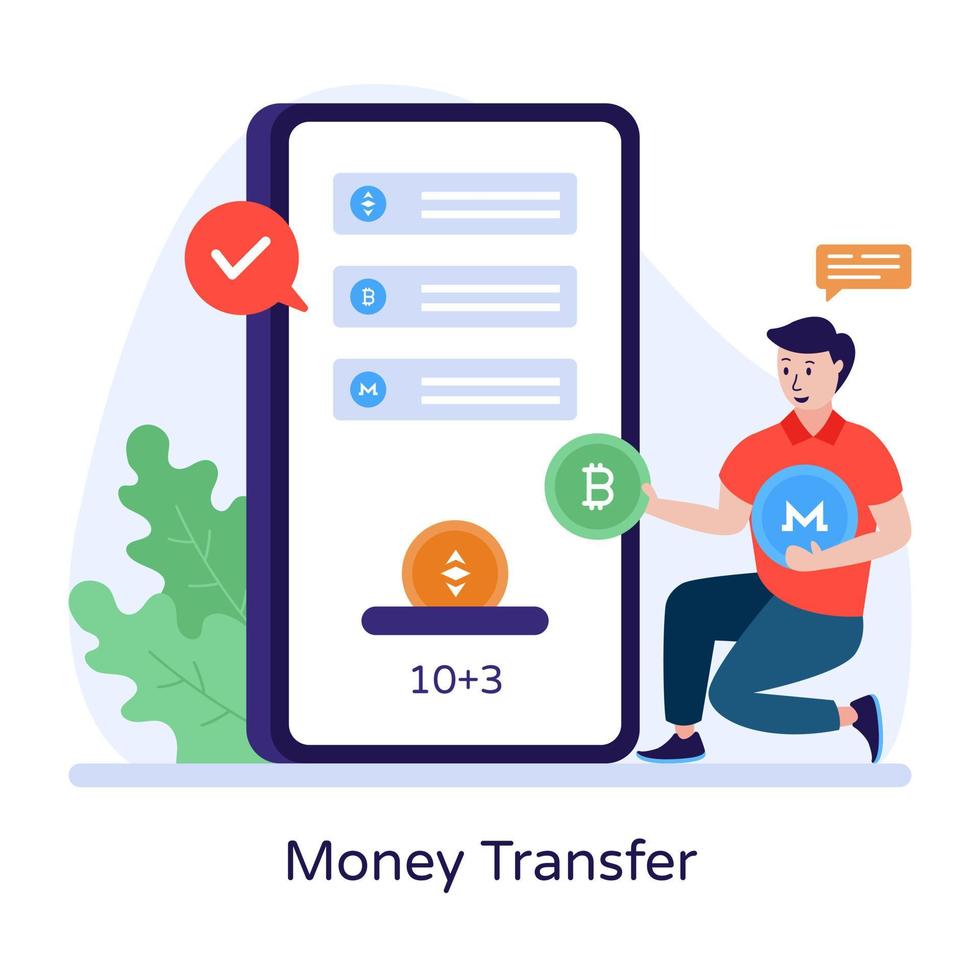 pengaöverföring platt illustration, online handel app vektor