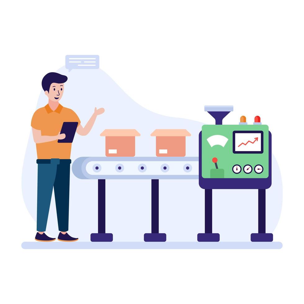 ett industriellt transportband för logistik, man hanterar paket platt illustration vektor