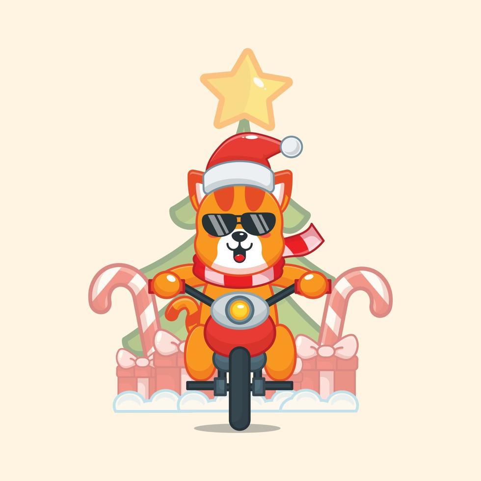 söt katt som bär julklapp med motorcykel. söt jul tecknad illustration. vektor