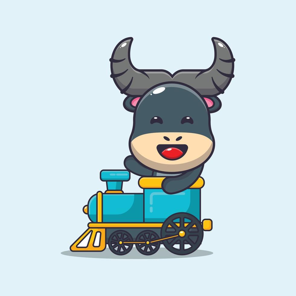 söt buffelmaskot seriefigur åka på tåget vektor