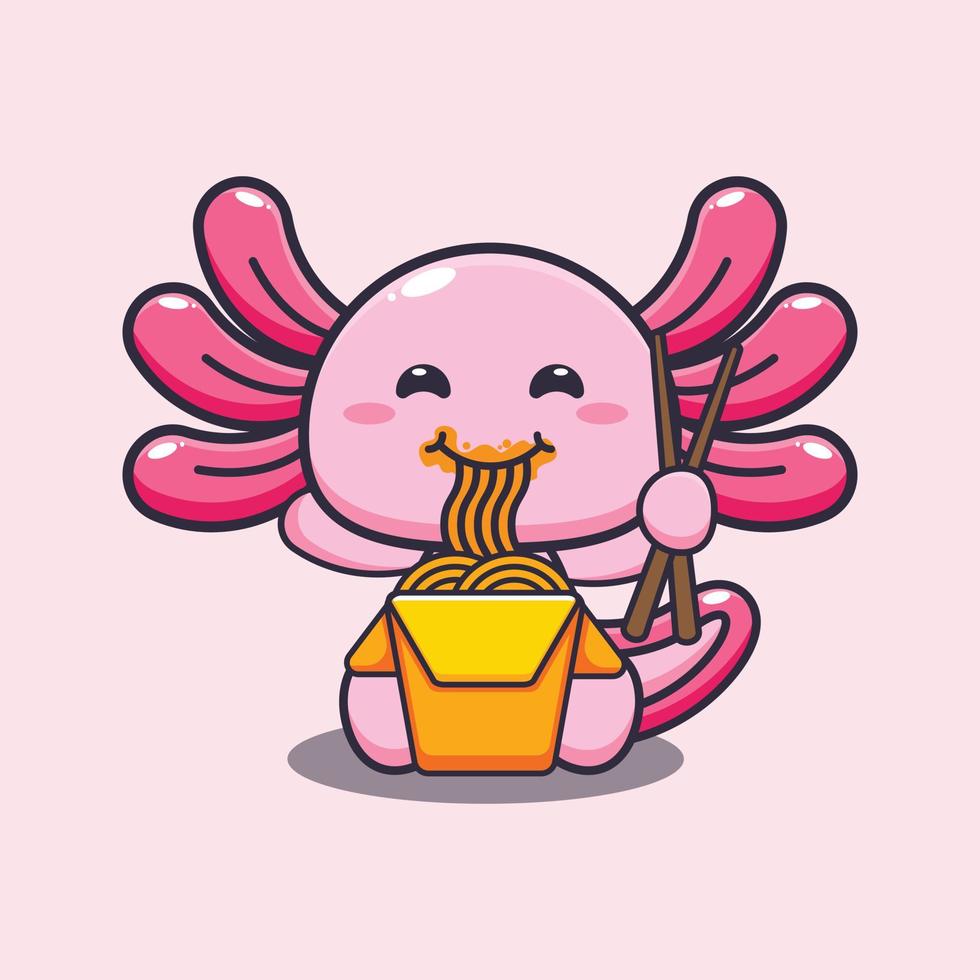 niedliche axolotl-cartoon-maskottchenillustration, die nudeln isst vektor