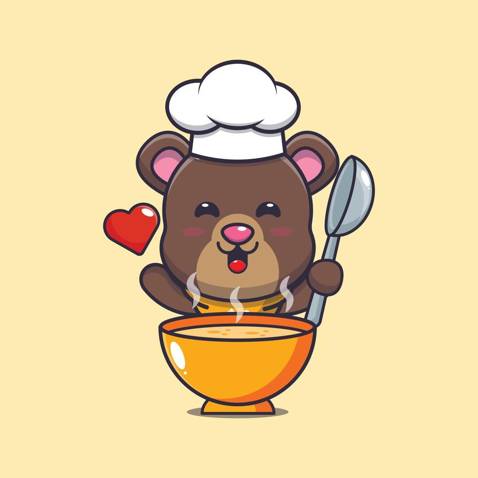 söt björn kock maskot seriefigur med soppa vektor
