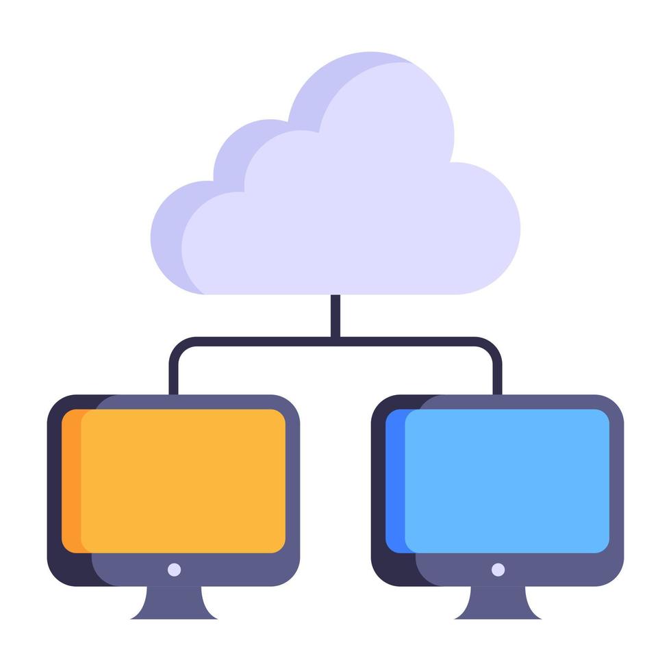moln ansluten till två datorer, platt ikon för delat moln vektor