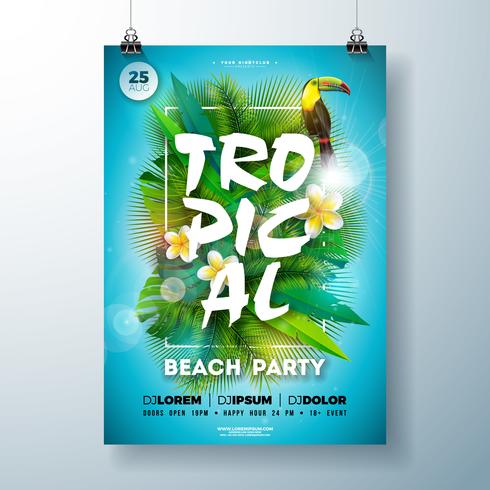 Tropisk sommarstrandparty Flygplandesign med blomma, palmblad och toucanfågel på blå bakgrund. Vektor sommar firande Design mall med natur blommiga element, tropiska växter