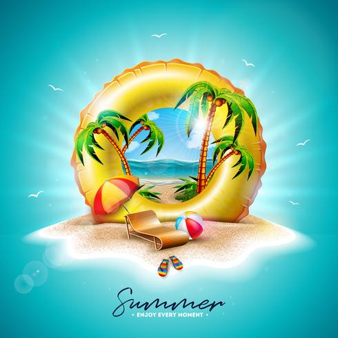 Vektor sommarferie illustration med gul float och exotiska palmer på tropisk ö bakgrund. Blomma, strandboll, solskydd och blått havslandskap