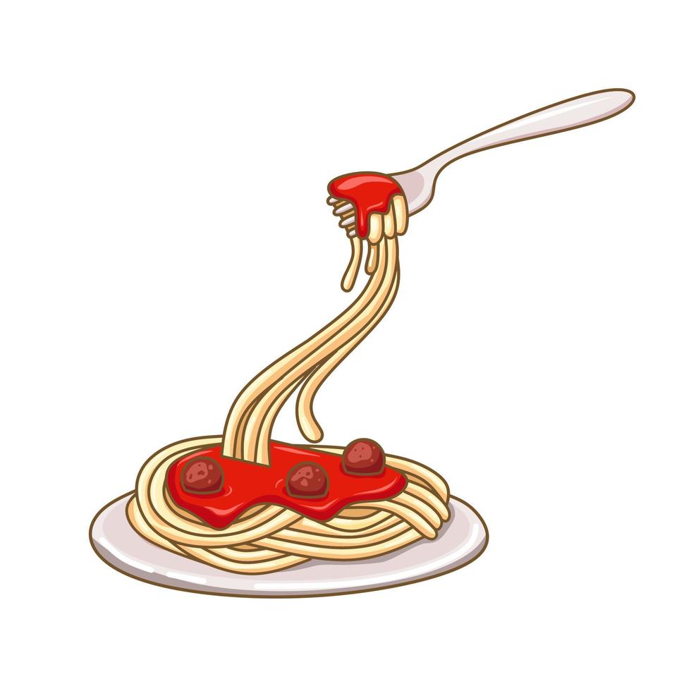 Vektor-Illustration von Spaghetti-Nudeln mit Fleischbällchen. Premium-Food-Konzept isoliert auf weißem Hintergrund. flacher Cartoon-Stil. vektor