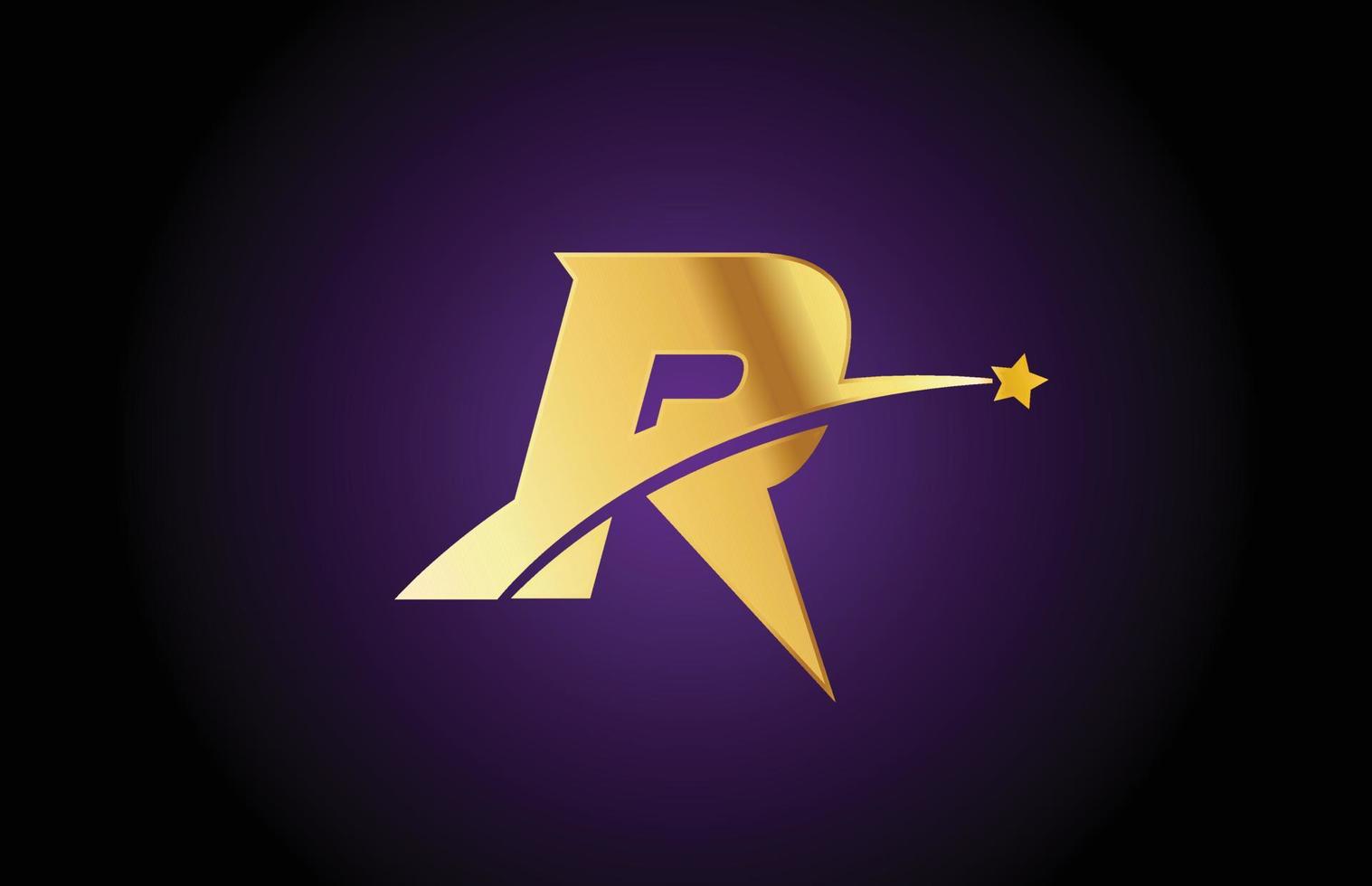 gold goldenes r alphabet buchstabe logo symbol mit stern. kreatives Design für Unternehmen oder Unternehmen mit Swoosh vektor