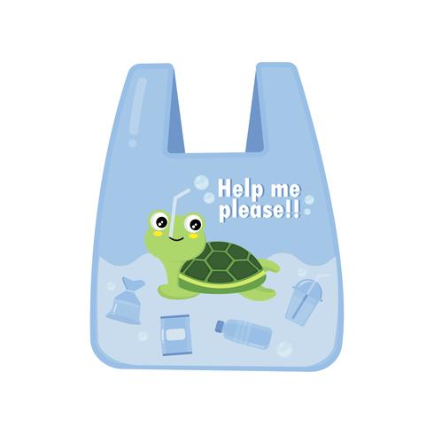 Sköldpadda i en plastpåse säg nej till plast. Föroreningsproblem begrepp. vektor