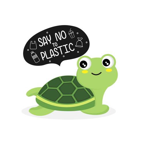 Schildkröte sagt nein zu Plastik. Plastikverschmutzung im Ozeanumweltproblem. vektor