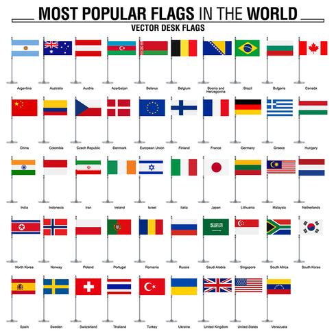 Samling av platta skrivbordsflaggor, populäraste världsflaggor vektor