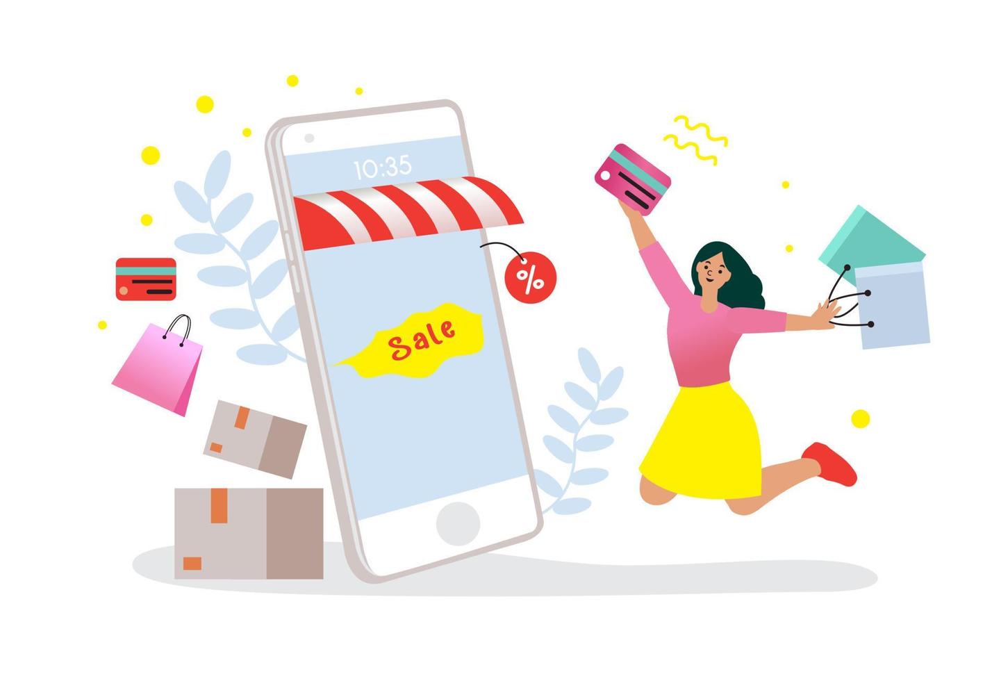 frauen, die mit dem einkaufen auf dem handy zufrieden sind, zahlen per kreditkarte. Online-Shopping in einem Online-Shop auf einer Website oder mobilen Anwendung. Vektorkonzept liebt Einkaufen. design für verkaufsbanner, digitales marketing. vektor