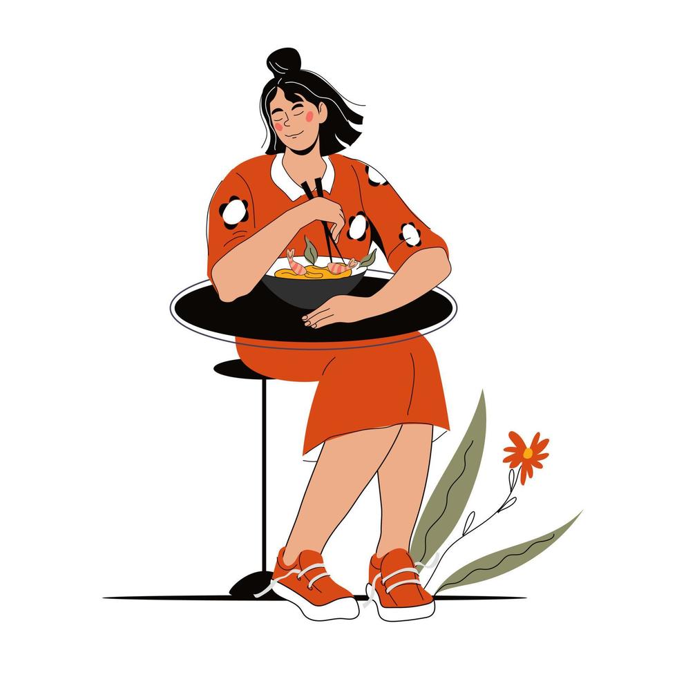 junge Frau, die am Tisch sitzt und Nudeln mit Holzstäbchen isst, Zeichentrickfigur-Vektorillustration isoliert auf weißem Hintergrund. chinesische oder japanische Küche. vektor