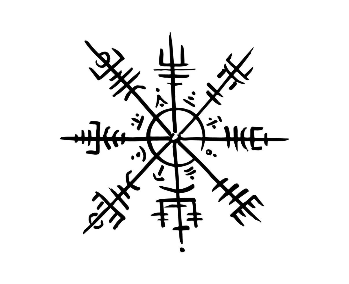 Vegvisir-Runenkompass, schwarzer Bleistift-Zeichnungsstil, Handzeichnung von Wikinger-Symbolen, sakral, Tattoo-Logo, Grunge-Runen-Zaubersymbole, Vektorillustration einzeln auf weißem Hintergrund vektor