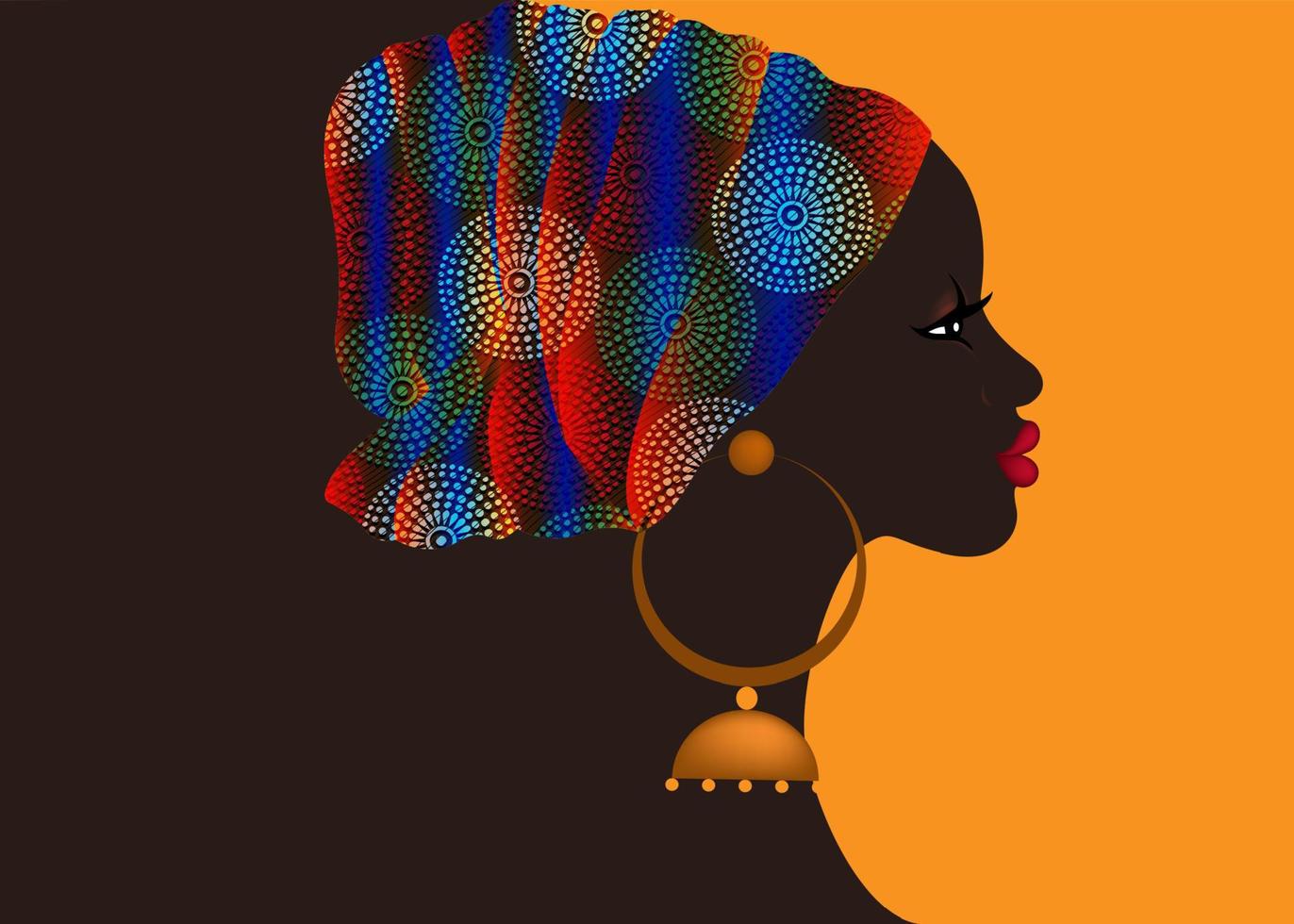 afro-frisur, schöne porträtafrikanische frau im wachsdruckstoff-turban, ethnische stammes-bunte kopfpackung für afro-lockiges haar, banner-vorlage, vektor isoliert auf orangefarbenem hintergrund