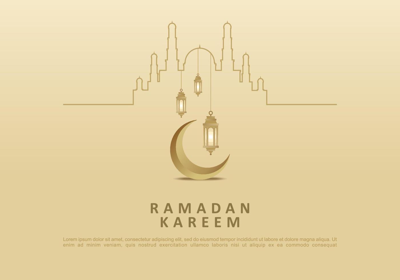 ramadan kareem poster mit einzeiliger moschee, mond und laterne vektor