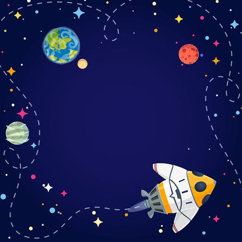 Ram med rymdskepp, planeter och stjärnor i öppet utrymme. Vektor illustration tecknad stil