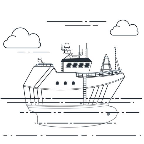 Fiskefartyg i havet. Vektor skiss illustration