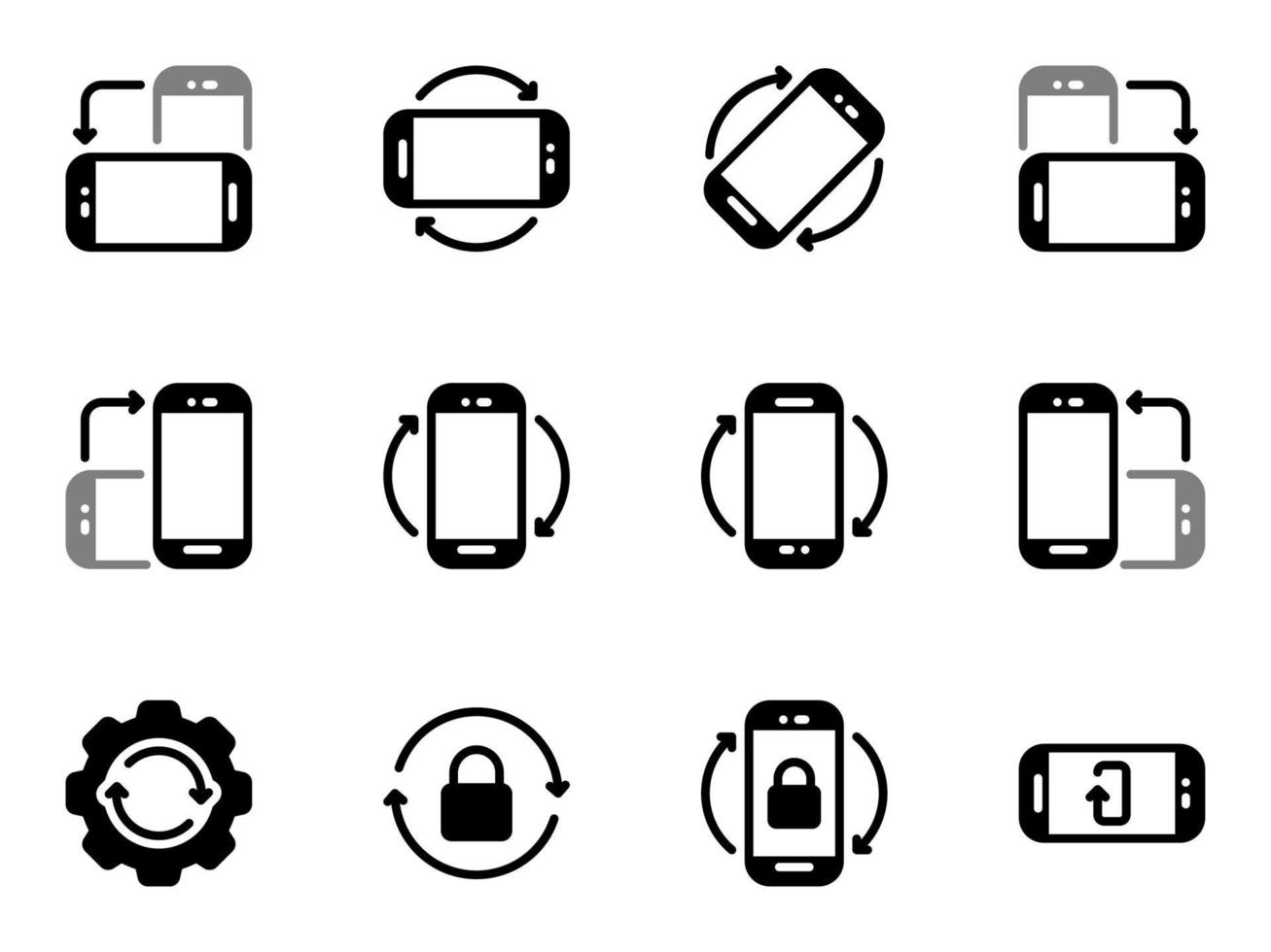Satz schwarze Vektorikonen, lokalisiert gegen weißen Hintergrund. flache Illustration zu einer Themenfunktion der Bildschirmdrehung in alle Richtungen. Füllung, Glyphe vektor