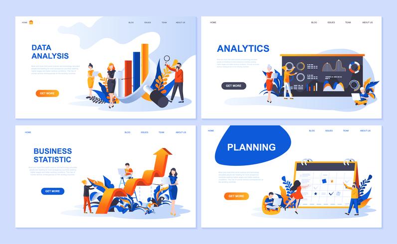 Set med målsida mall för dataanalys, Analytics, företagsstatistik, planering. Modern vektor illustration platt koncept dekorerade människor karaktär för webbplats och mobil webbutveckling.