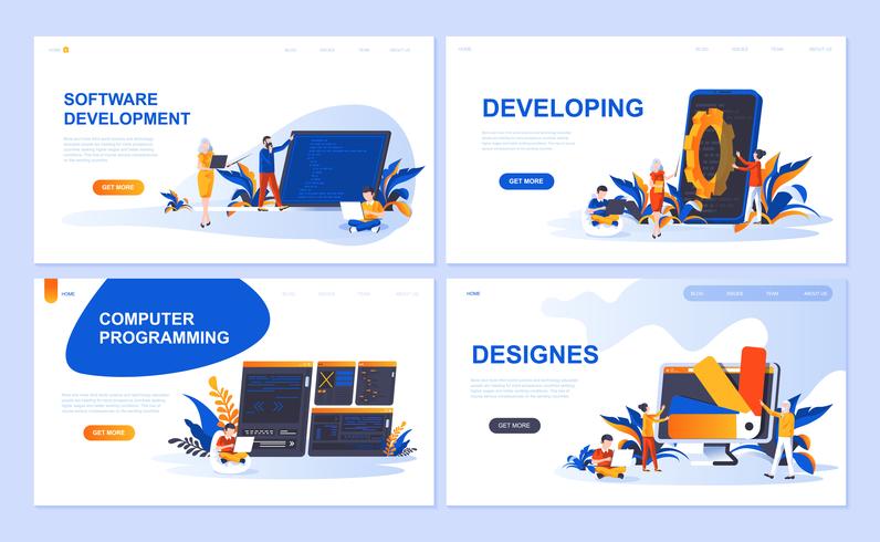 Set med målsida mall för Programvara, Utveckling, Designer, Programmering. Modern vektor illustration platt koncept dekorerade människor karaktär för webbplats och mobil webbutveckling.