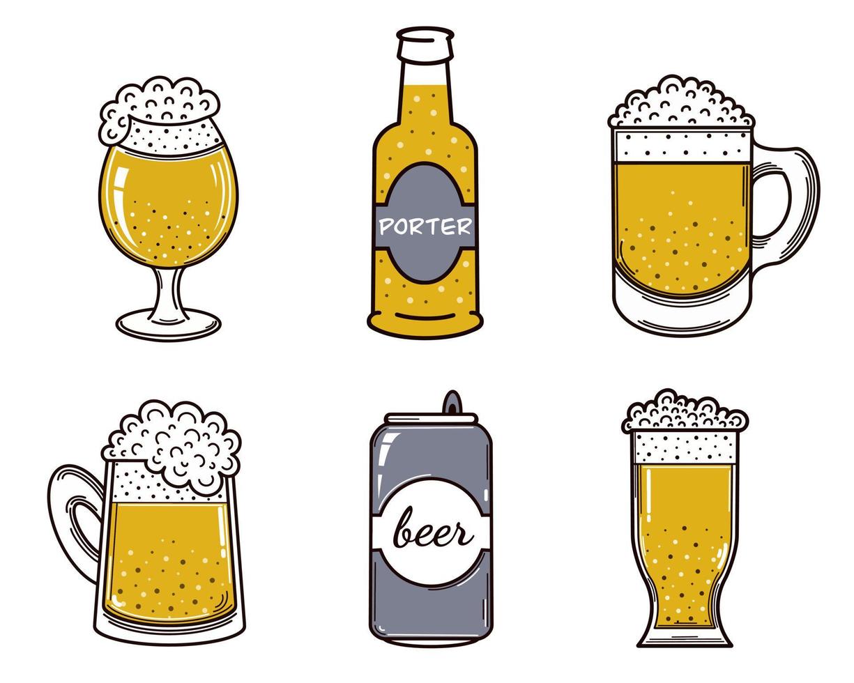 uppsättning öl vektor ikoner. alkohol i glas, mugg, flaska, aluminiumburk. isolerade illustration på en vit bakgrund. kall dryck med skum. oktoberfest tryck, platt stil.