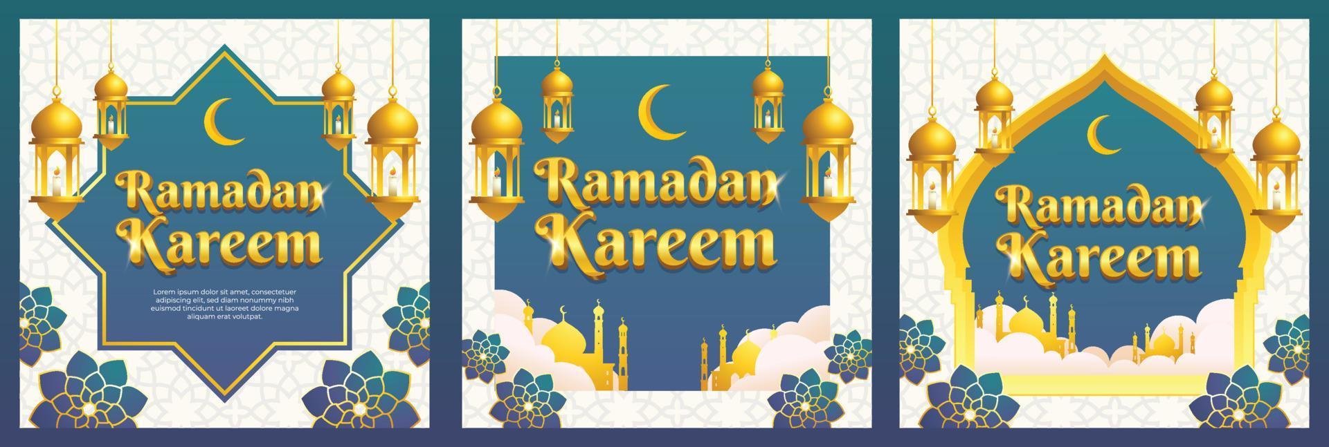 blå guld islamisk stil ramadan kareem gratulationskort, bakgrund och fyrkantig banner malluppsättning vektor