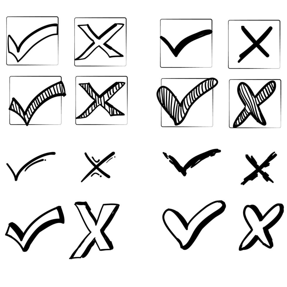 satz von häkchenzeichen und x gekritzel handgezeichneter vektor