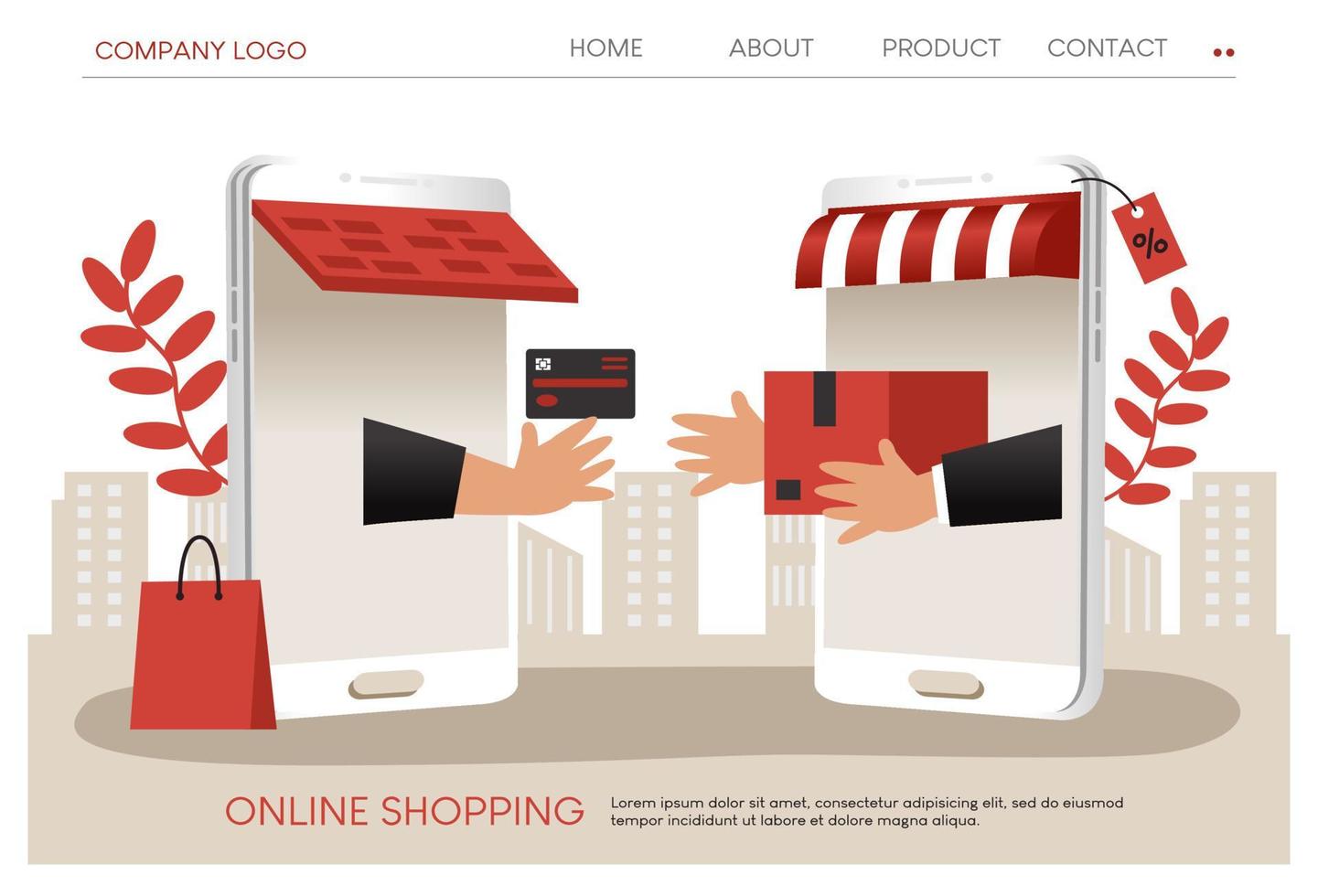 online shopping illustration, det finns en vit mobil, en röd kundvagn och en shoppingväska. design för webbplats, rea banner, målsida, mobilapp, shoppa online, onlinebutik, företag vektor