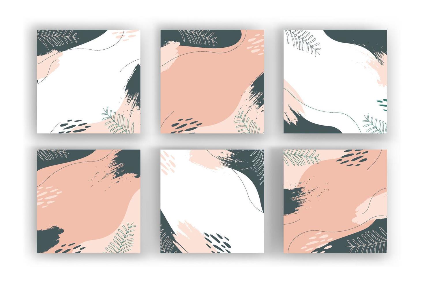 Reihe von farbenfrohen, quadratischen, handgezeichneten abstrakten Hintergründen mit künstlerischen Pinselstrichen und Farbflecken. Vektordesign für Karten, Banner oder Social-Media-Beiträge. vektor